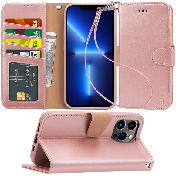 Arae Compatible with iPhone 13 Pro and 13 Pro Max Case Wallet Flip Cover with Card Holder and Wrist Strap