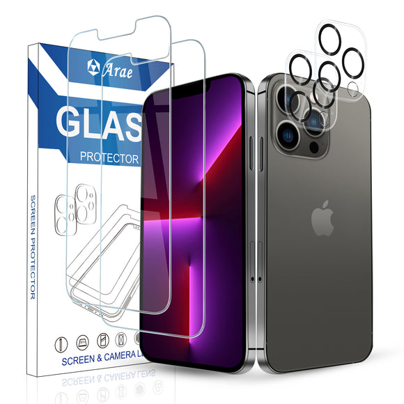 Arae 2 Pack Screen Protector  Screen Protector for iPhone 13/ 13 Pro and Pro Max + 2 Pack Camera Lens Protector, HD Tempered Glass Anti Scratch Work with Most Case - 3 Pack