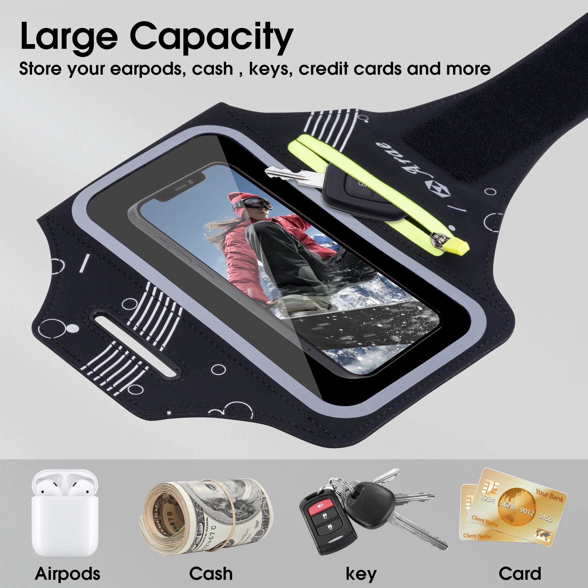 Armband with Airpods Bag Cell Phone Armband for iPhone 12 Pro/11 Pro  Max/11/XR/XS/X/8, Galaxy S9/S8 Water Resistant Sports Phone Holder Case &  Zipper Slot Car Key Holder for 6.5 inch Phone 