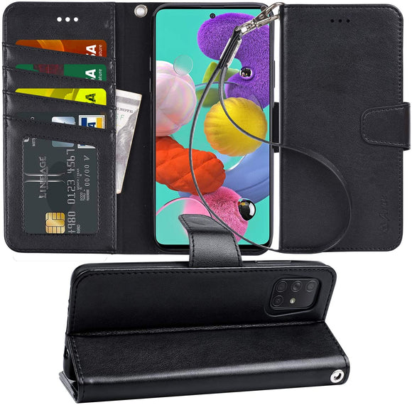 Arae Case for Samsung Galaxy A51 PU Leather Wallet Case Cover [Stand Feature] with Wrist Strap and [4-Slots] ID&Credit Cards Pocket for Samsung Galaxy A51 - Black