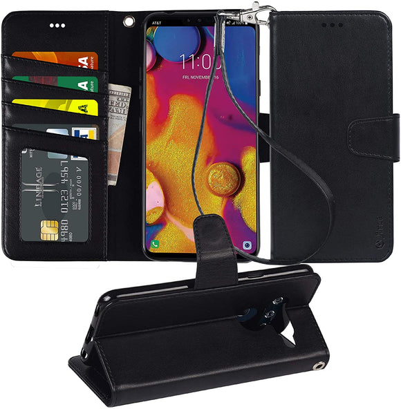 Arae LG V40 Case, LG V40 ThinQ Case, PU Leather Wallet case [Stand Feature] with Wrist Strap and [4-Slots] ID&Credit Cards Pocket for LG V40 / V40 ThinQ - Black