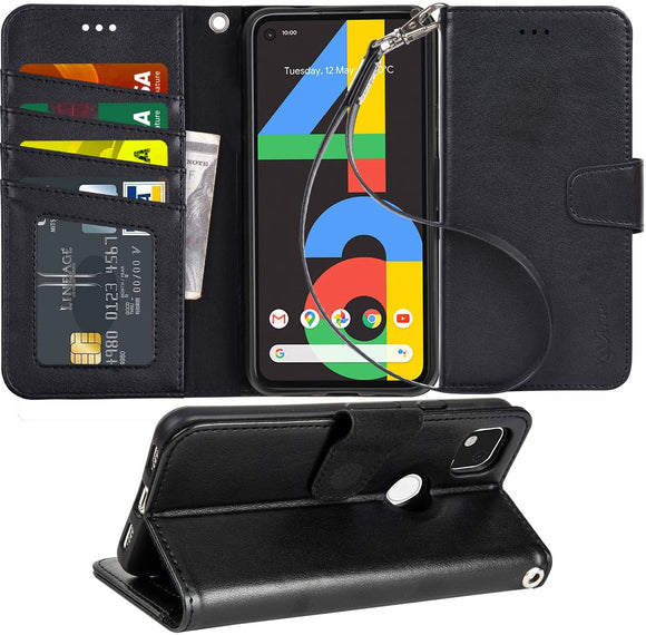 Arae Case for Google Pixel 4A PU Leather Wallet Case Cover [Stand Feature] with Wrist Strap and [4-Slots] ID&Credit Cards Pocket for Google Pixel 4A