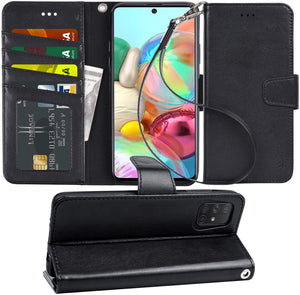 Arae Case for Samsung Galaxy A71 PU Leather Wallet Case Cover [Stand Feature] with Wrist Strap and [4-Slots] ID&Credit Cards Pocket for Samsung Galaxy A71 4G (not for 5G) - Black