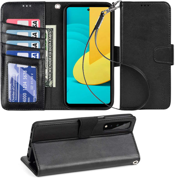 Arae Case for LG Stylo 7 5G PU Leather Wallet Case Cover [Stand Feature] with Wrist Strap and [4-Slots] ID&Credit Cards Pocket for LG Stylos7 5G-Black