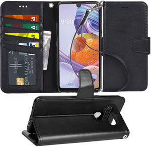 Arae Case for LG Stylo 6 PU Leather Wallet Case Cover [Stand Feature] with Wrist Strap and [4-Slots] ID&Credit Cards Pocket for LG Stylo 6 - Black