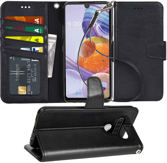 Arae Case for LG Stylo 6 PU Leather Wallet Case Cover [Stand Feature] with Wrist Strap and [4-Slots] ID&Credit Cards Pocket for LG Stylo 6 - Black