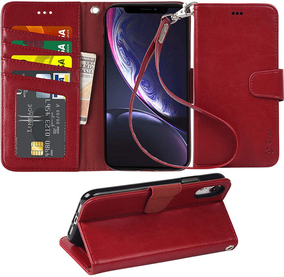 Arae Wallet Case for iPhone xr 2018 PU Leather flip case Cover [Stand Feature] with Wrist Strap and [4-Slots] ID&Credit Cards Pocket for iPhone Xr 6.1 inch