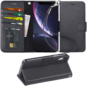 Arae Wallet Case for iPhone xr 2018 PU Leather flip case Cover [Stand Feature] with Wrist Strap and [4-Slots] ID&Credit Cards Pocket for iPhone Xr 6.1 inch