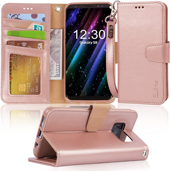 Arae Case Compatible for Samsung Galaxy S8, [Wrist Strap] Flip Folio [Kickstand Feature] PU Leather Wallet case with ID&Credit Card Pockets [Not for Galaxy S8 Plus]