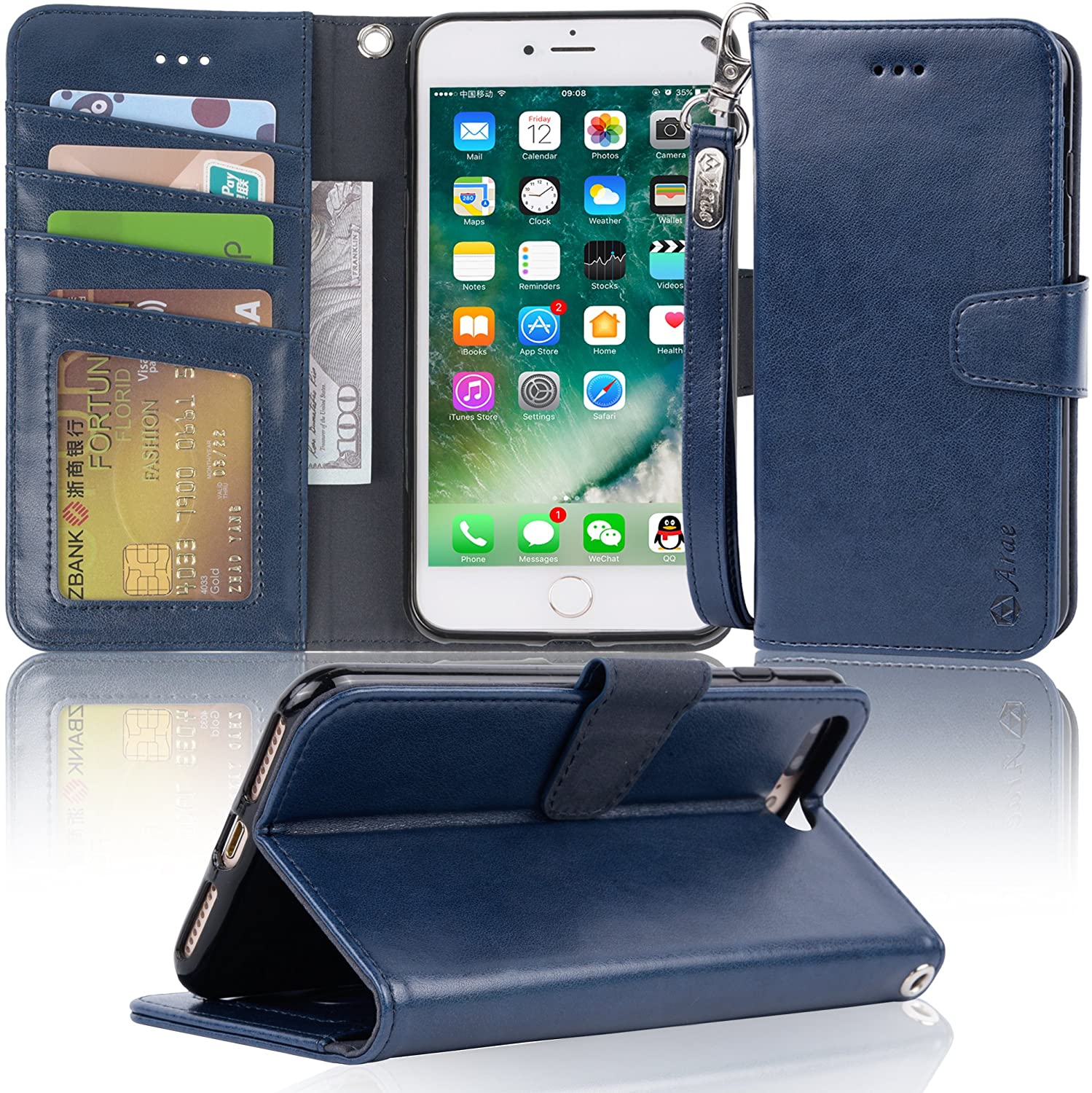 Butnyeoe Cover per iPhone 7/8/SE 2020/SE 2022 Libro,Gatti/Fiori Motivo in Rilievo Custodia,PU Pelle Protettiva Portafoglio Flip Wallet Case Con Slot per Schede e Magnetica Supporto,Blu-Verde