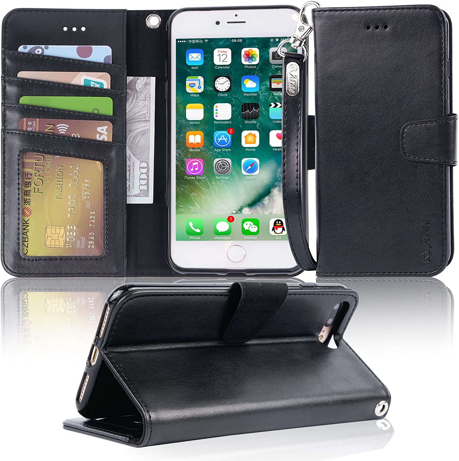 UEEBAI Custodia a portafoglio per iPhone 7 Plus / 8 Plus, in pelle sintetica vintage, chiusura magnetica, tasca con cerniera, supporto per carte, cinturino in TPU, antiurto, blu