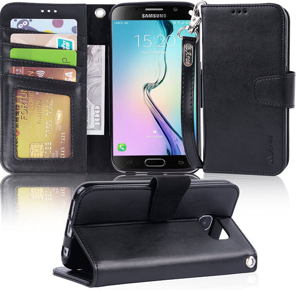 Arae Case Compatible for Samsung Galaxy S6 - [Wrist Strap] Flip Folio [Kickstand Feature] PU Leather Wallet case with ID&Credit Card Pockets