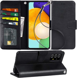 Arae for Samsung Galaxy A52 5G 4G Case with Credit Card Holder and Wrist Strap - Black