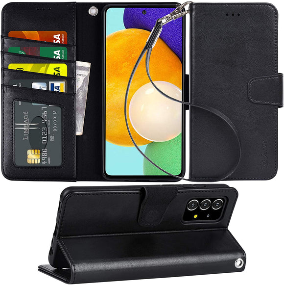 Arae for Samsung Galaxy A72 5G 4G Case with Credit Card Holder and Wrist Strap - Black