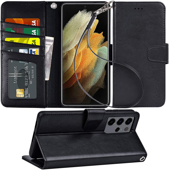 Arae Case for Samsung Galaxy S21 Ultra Wallet Case Flip Cover with Card Holder and Wrist Strap for Samsung Galaxy S21 Ultra, 6.8 inch