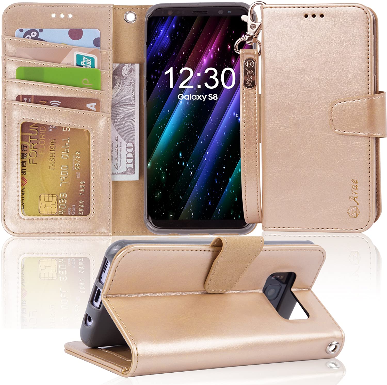 Arae Case Compatible for Samsung Galaxy S8, [Wrist Strap] Flip Folio [ –  Arae case