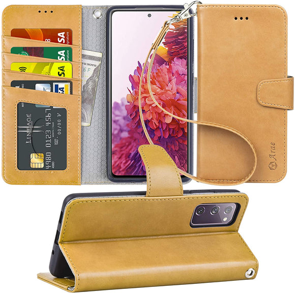 Arae Case for Samsung Galaxy S20 FE 5G PU Leather Wallet Case Cover [Stand Feature] with Wrist Strap and [4-Slots] ID&Credit Cards Pocket for Galaxy S20 FE 5G 6.5 inch