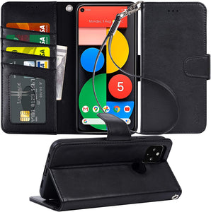 Arae Case for Google Pixel 5 PU Leather Wallet Case Cover [Stand Feature] with Wrist Strap and [4-Slots] ID&Credit Cards Pocket for Google Pixel 5, 6.0 inch, Black