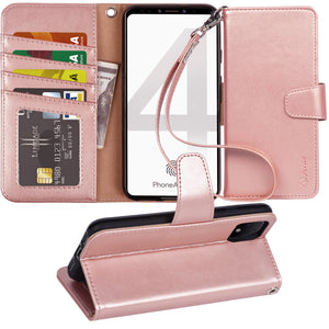 Arae Wallet Case for Google Pixel 4 PU Leather flip case Cover [Stand Feature] with Wrist Strap and [4-Slots] ID&Credit Cards Pocket for Google Pixel 4, Rose Gold