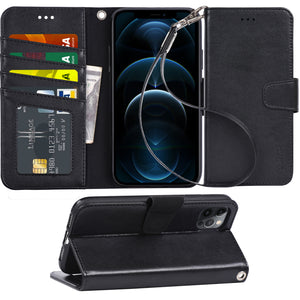 Arae Compatible with Case iPhone 12 Pro Max Wallet Flip Cover with Card Holder and Wrist Strap