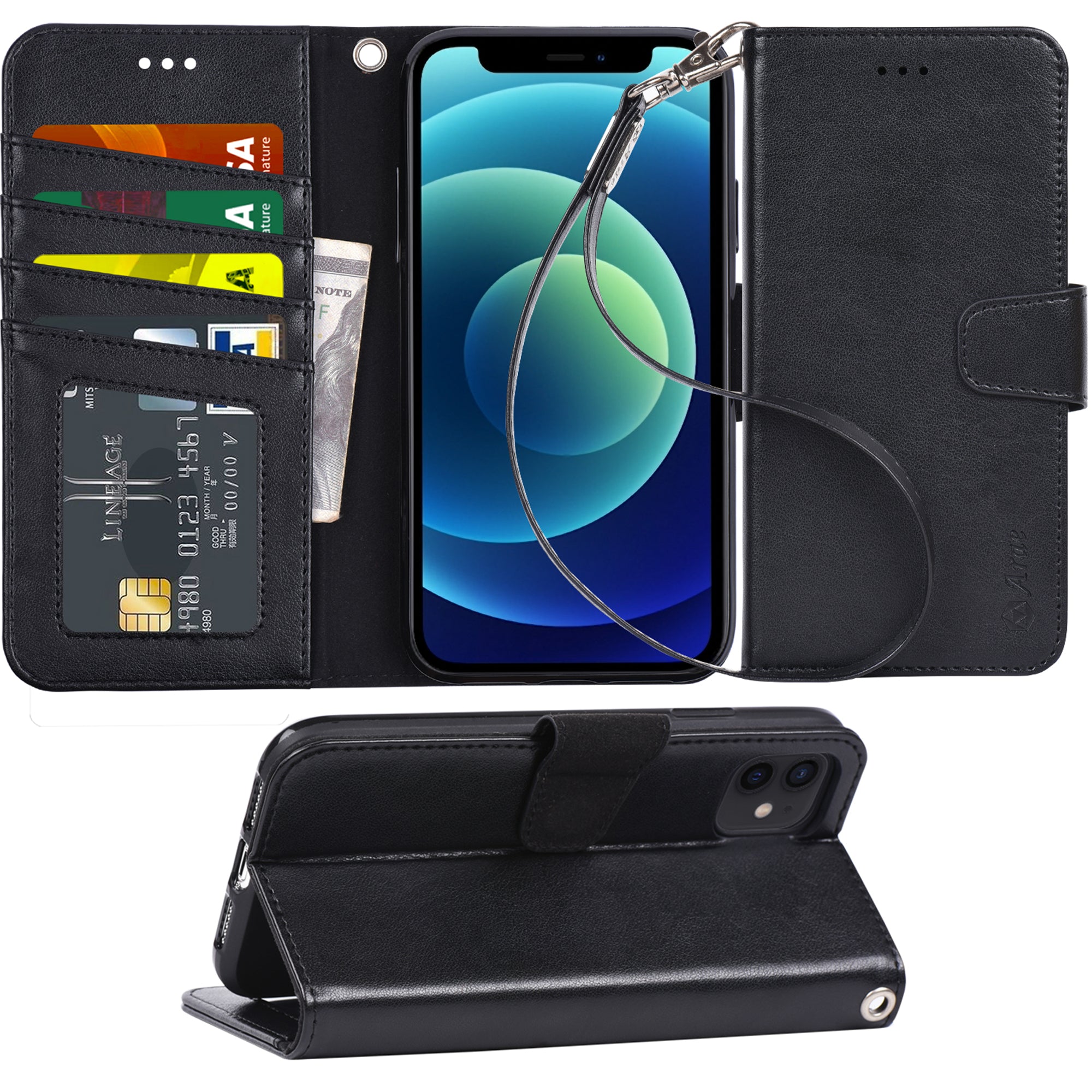 Arae for iPhone 12 Mini Case with Credit Card Holder and Wrist