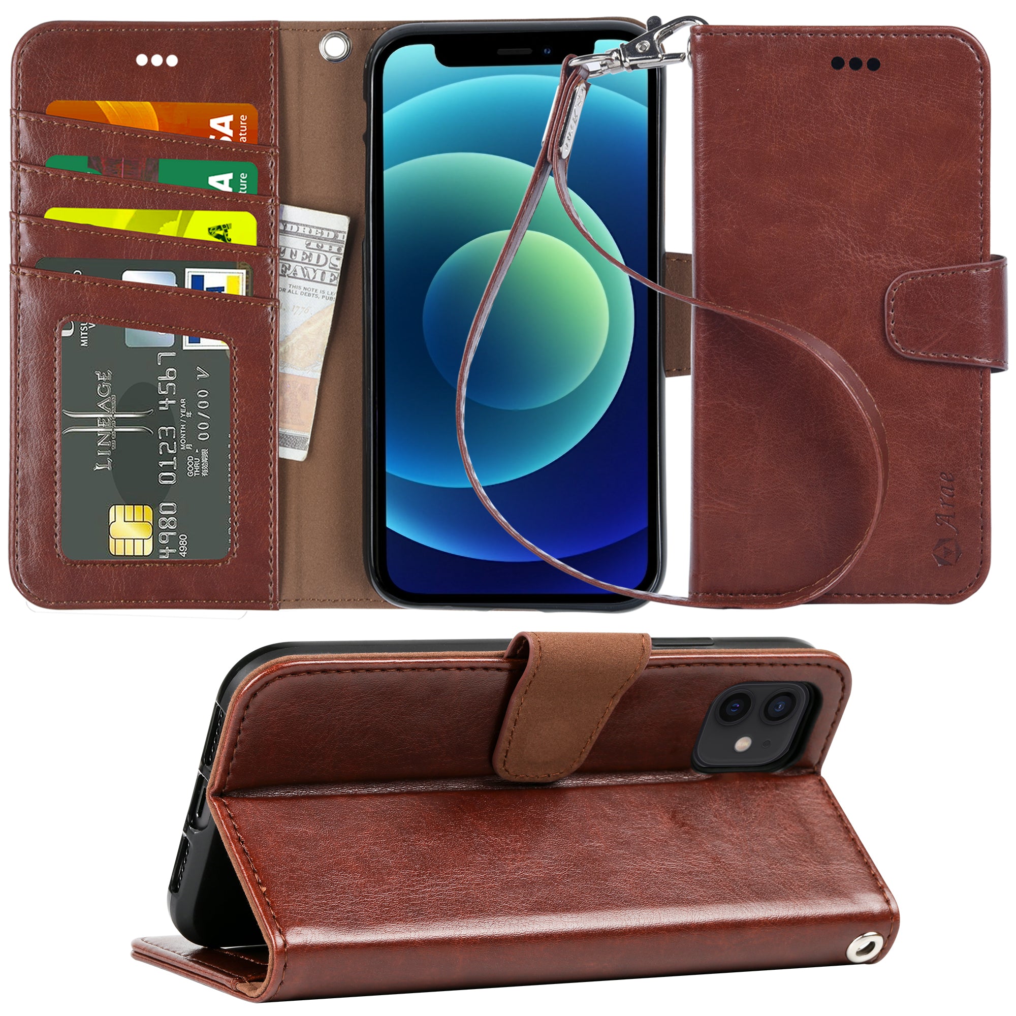 Arae for iPhone 12 Mini Case with Credit Card Holder and Wrist