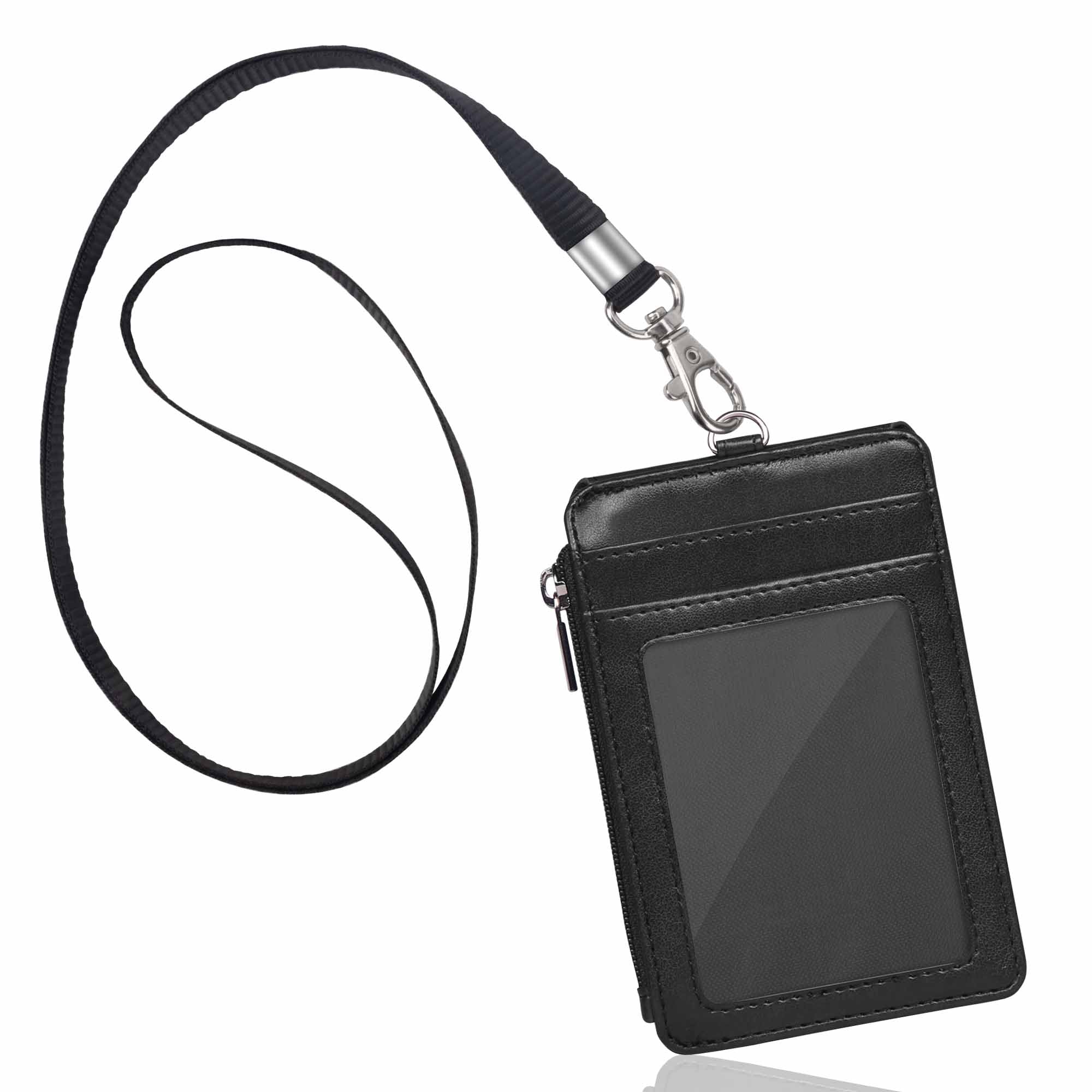 Badge Holder with Zipper, Arae PU Leather ID Badge Card Holder Wallet with  [2 ID Window] Cash Pockets Credit Card Slots and Detachable Lanyard/Strap