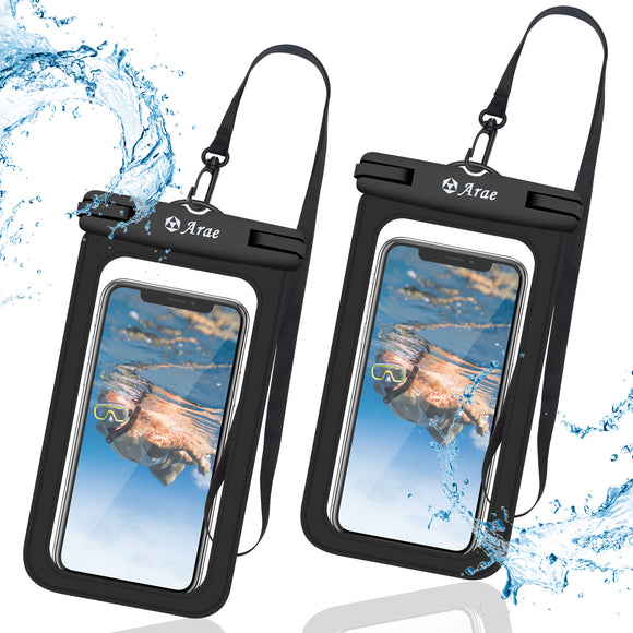 Arae Waterproof Phone Pouch Compatible for iPhone 13 12 Pro Max 11 XS XR X 8 7 Plus Galaxy S21 Ultra Notes and Other Devices Up to 6.7 Inches Cellphone Dry Bag - 2 Pack Black